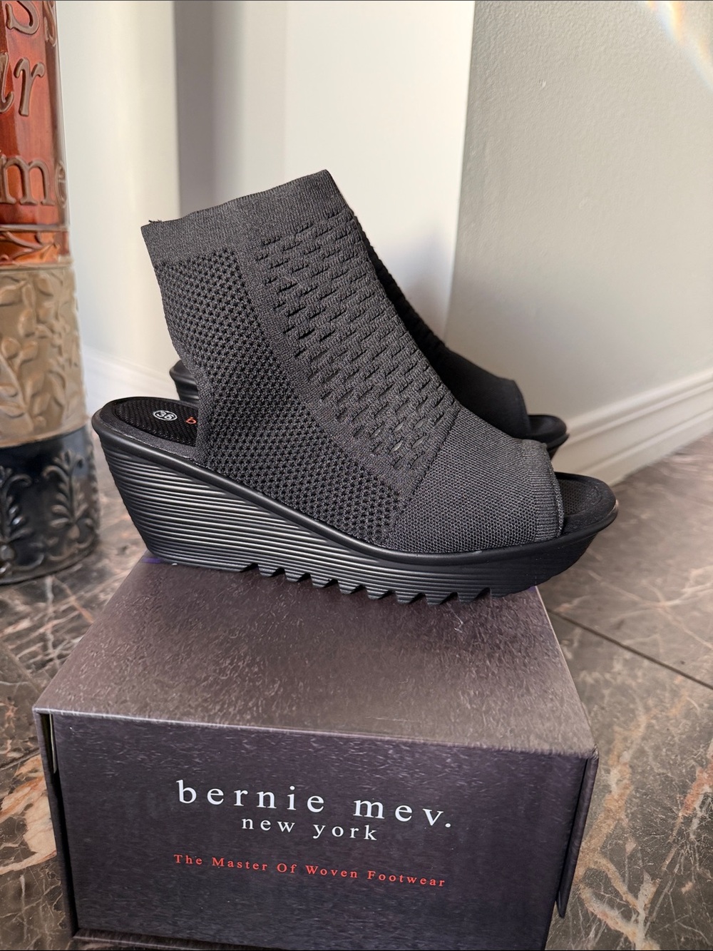 bernie mev. Black Knit Peep-Toe Wedge Booties